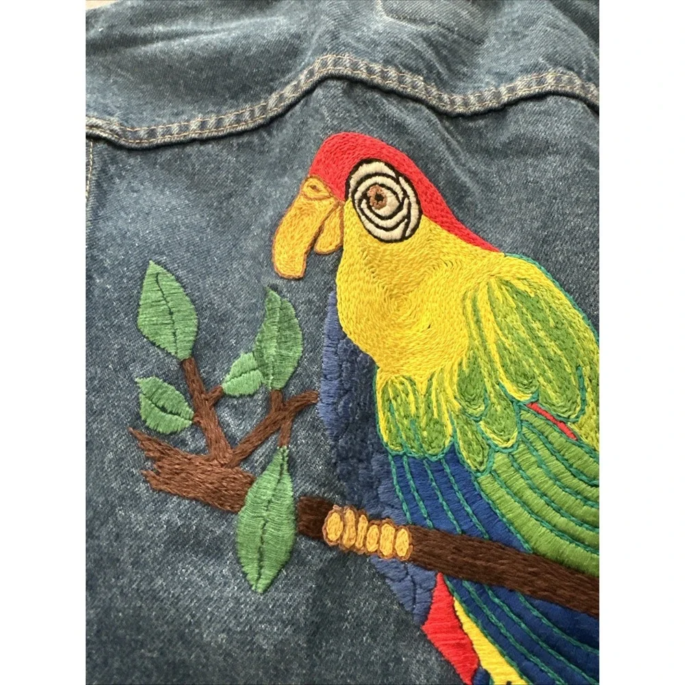 Vintage 1970s Levi's 70505 Trucker Jacket Hand Embroidered Parrot Size 44 Rare